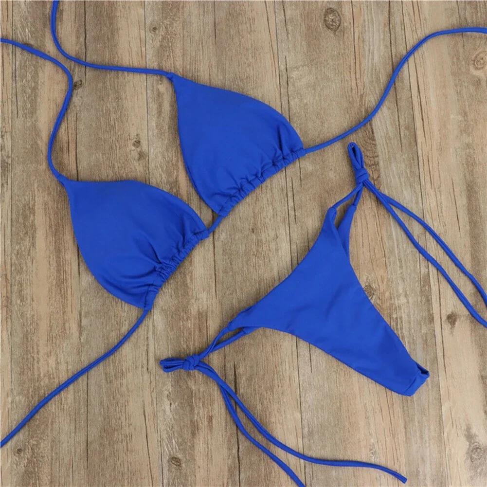 2 Pcs/Set Bikini Set Sexy Bikinis Bathing Suit Solid Color Halter Neck Strap Thong Women Swimsuit