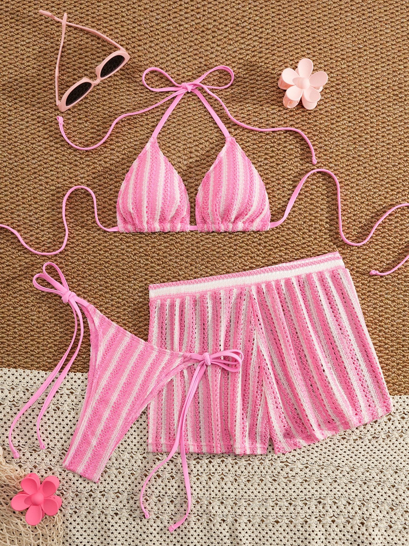 Sexy Green Orange Striped Bikini Set Women Halter Push Up High Waist Panties 3 Piece Swimsuit 2026