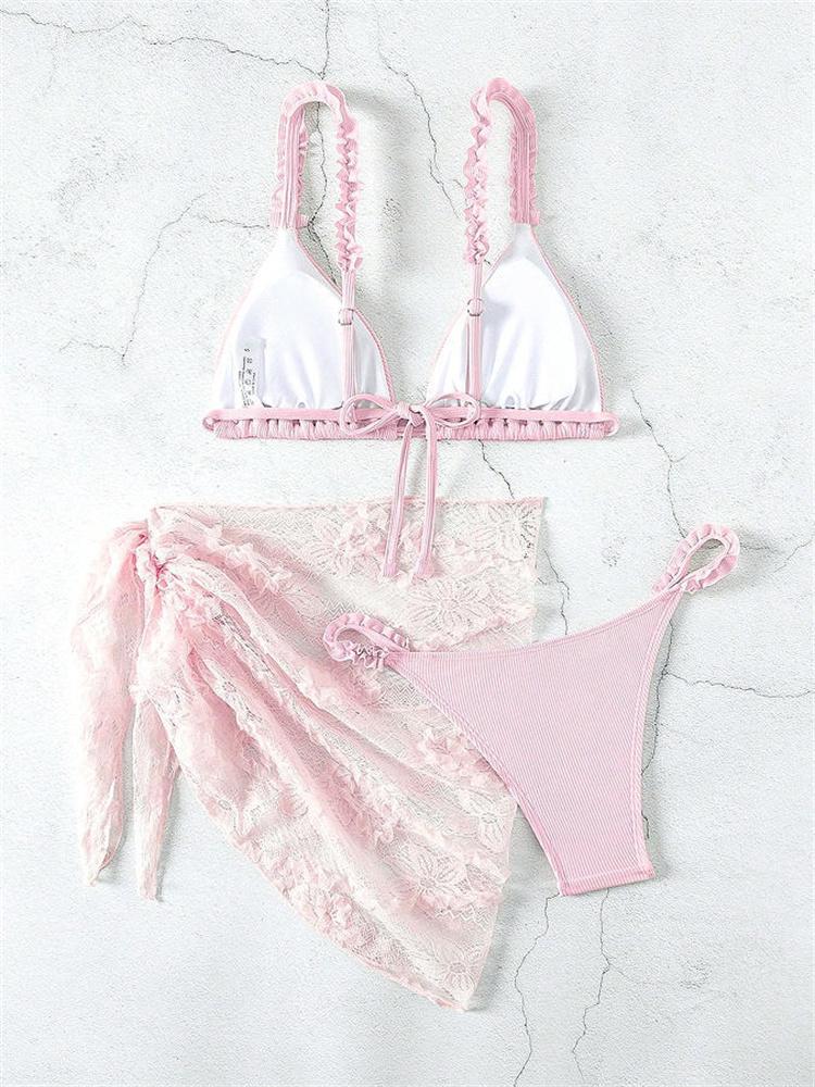 Sexy Pink Mesh Skirt 3 Piece Bikini Set 2026 Women Ruffles Pleate Push Up Thong Swimsuit Beach