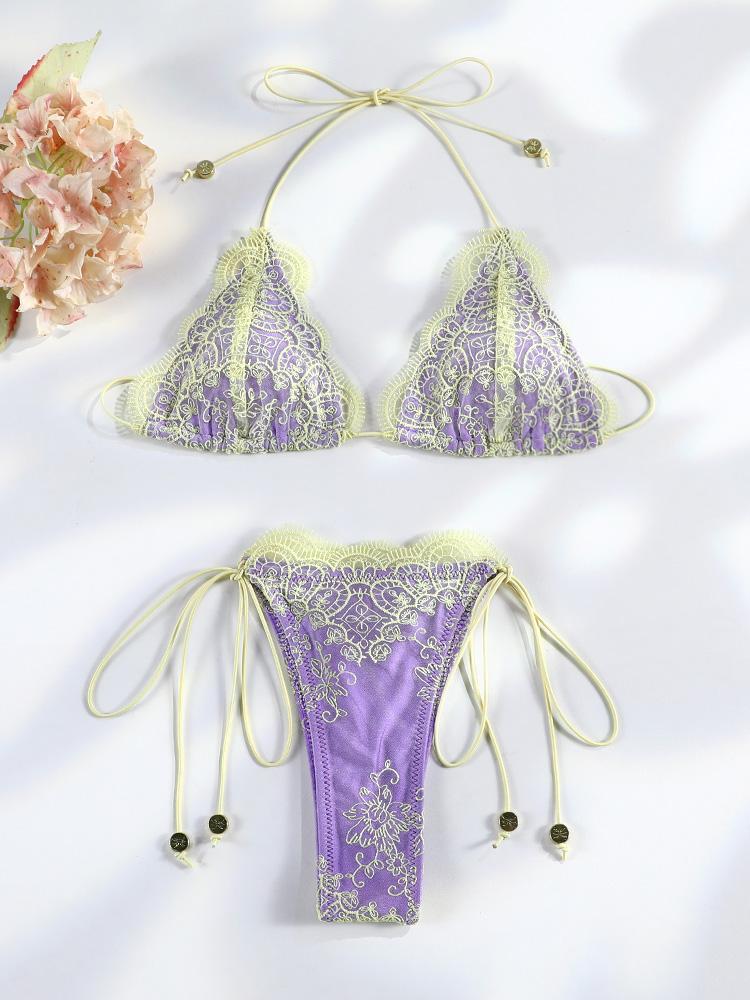 Sexy Hollow Lace Bikinis Patchwork Swimsuit Women Bathing Suits Bandage Swimwear Mujer Beachwear