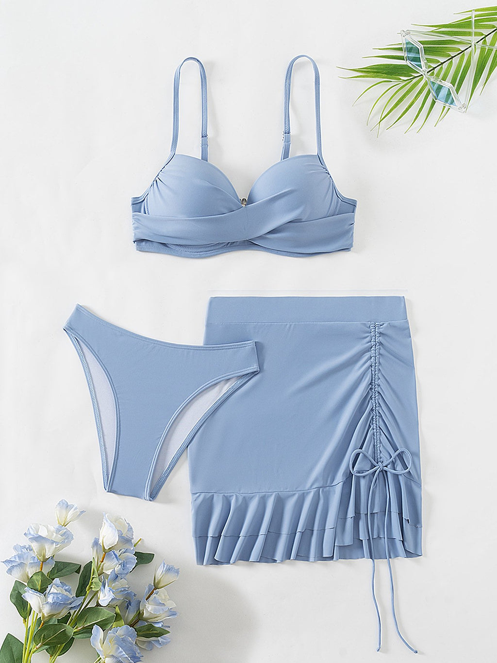 Women's Sky Blue Three Piece Swimsuit Solid Color V-neck Underwire Bikini Set Beach Vacation