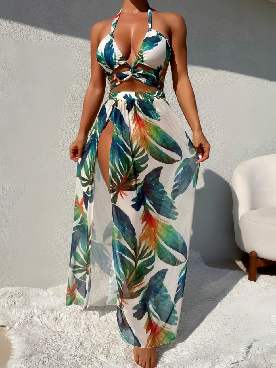Sexy 3 Pieces Halter Bikinis 2026 Bandage Swimsuit & Beach Dress Swimwear Women Bathers Bathing