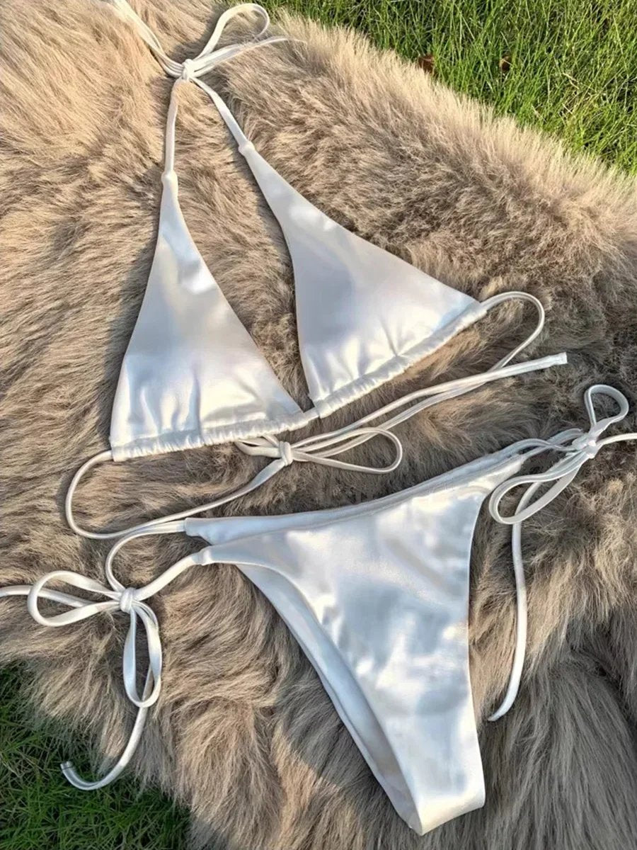 Halter Brazilian Metallic Satin Bikini Women Swimwear Female Swimsuit Two-pieces Bikini Set High Cut