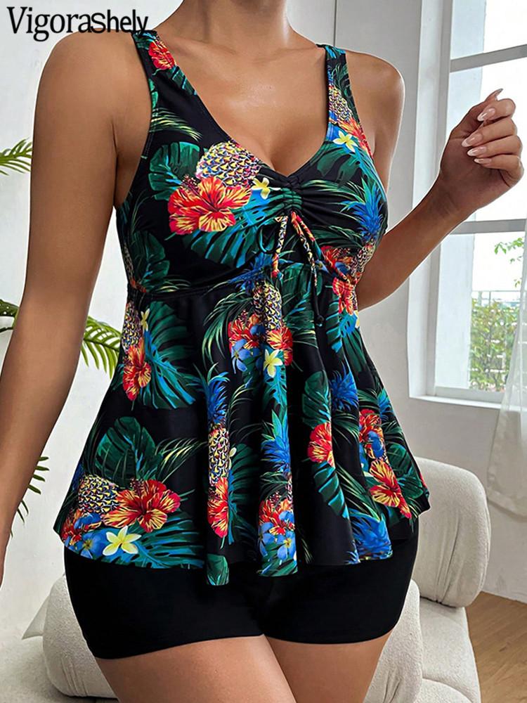 Vigorashely Sexy 2026 Print Tankini Set Women Strapped Push Up Swimsuit High Waist Beach Swimwear