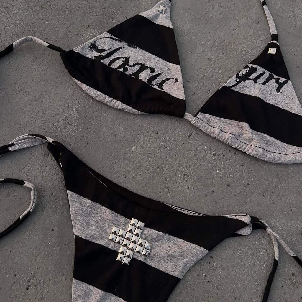 Black Grey Stripe Bikini Set Women 2026 "Toxic Girl" Graphic Studded Cross Halter Neck Y2K Aesthetic