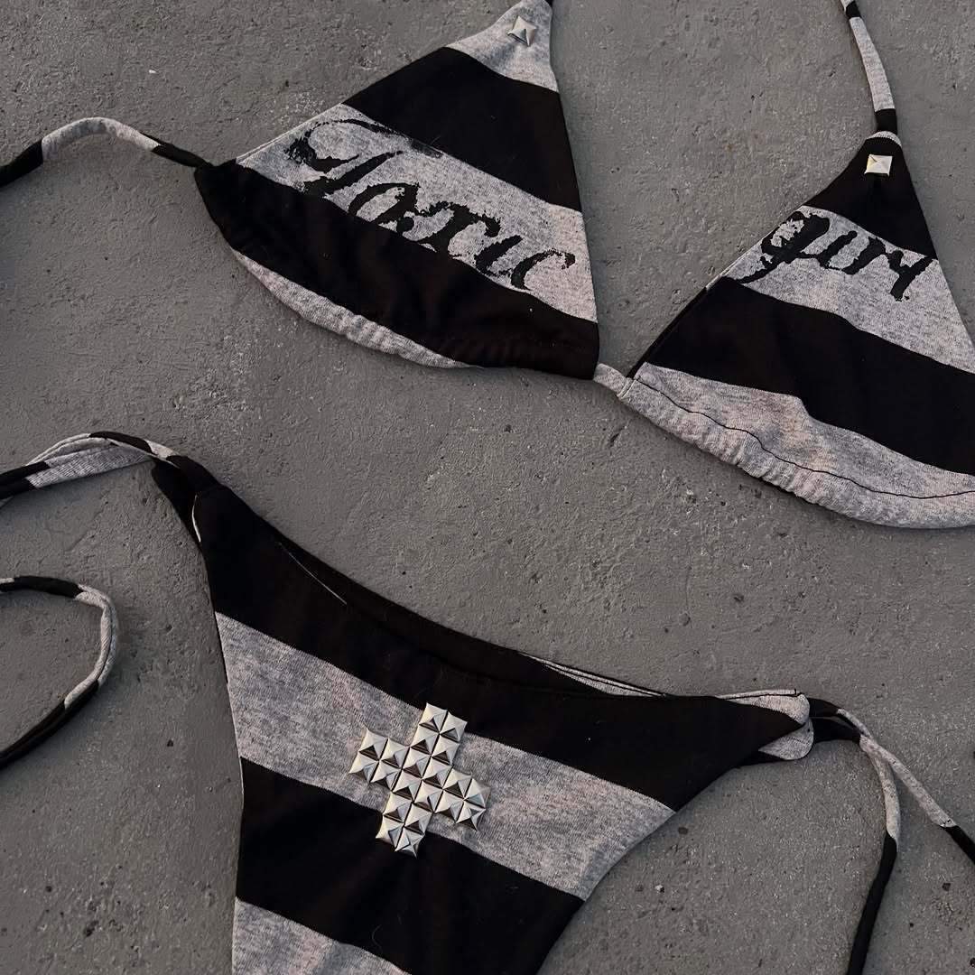 Black Grey Stripe Bikini Set Women 2026 "Toxic Girl" Graphic Studded Cross Halter Neck Y2K Aesthetic