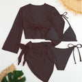 Women pink micro mini string bikini sets 4 pieces with mesh cover tops and skirt swimsuit bathing