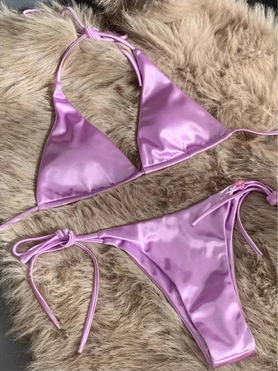 Halter Brazilian Metallic Satin Bikini Women Swimwear Female Swimsuit Two-pieces Bikini Set High Cut