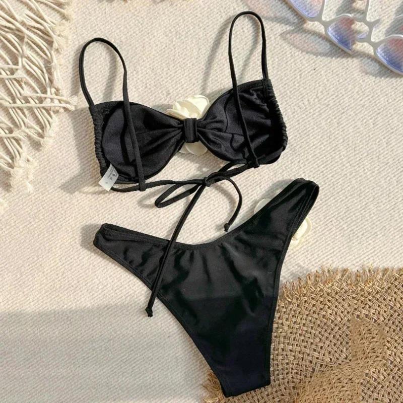 Sexy Flower Bandeau Swimwear Thong Bikini Women Lace-up Swimsuits Swimming Bathing Suit Brazilian