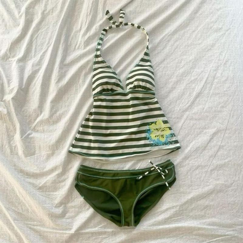 2 Piece Women's Summer Beach Bikini Set Sexy Slim Chic Floral Print Halter Neck Swimsuit Set 2000s