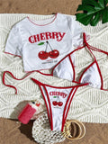 XS - L Cherry Printed Short Sleeve Bikini Female Swimsuit Women Swimwear Three-pieces Bikini set