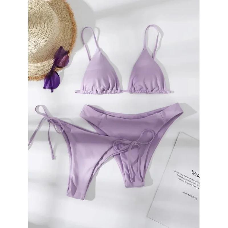 Sexy 3 Piece Bikini Set Women Solid Blue Purple Push Up Bandage Triangle Swimsuit Brazilian Beach