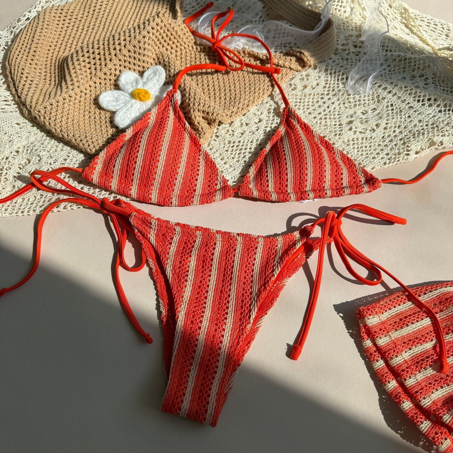 Sexy Green Orange Striped Bikini Set Women Halter Push Up High Waist Panties 3 Piece Swimsuit 2026