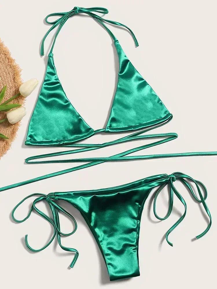 Halter Brazilian Metallic Satin Bikini Women Swimwear Female Swimsuit Two-pieces Bikini Set High Cut