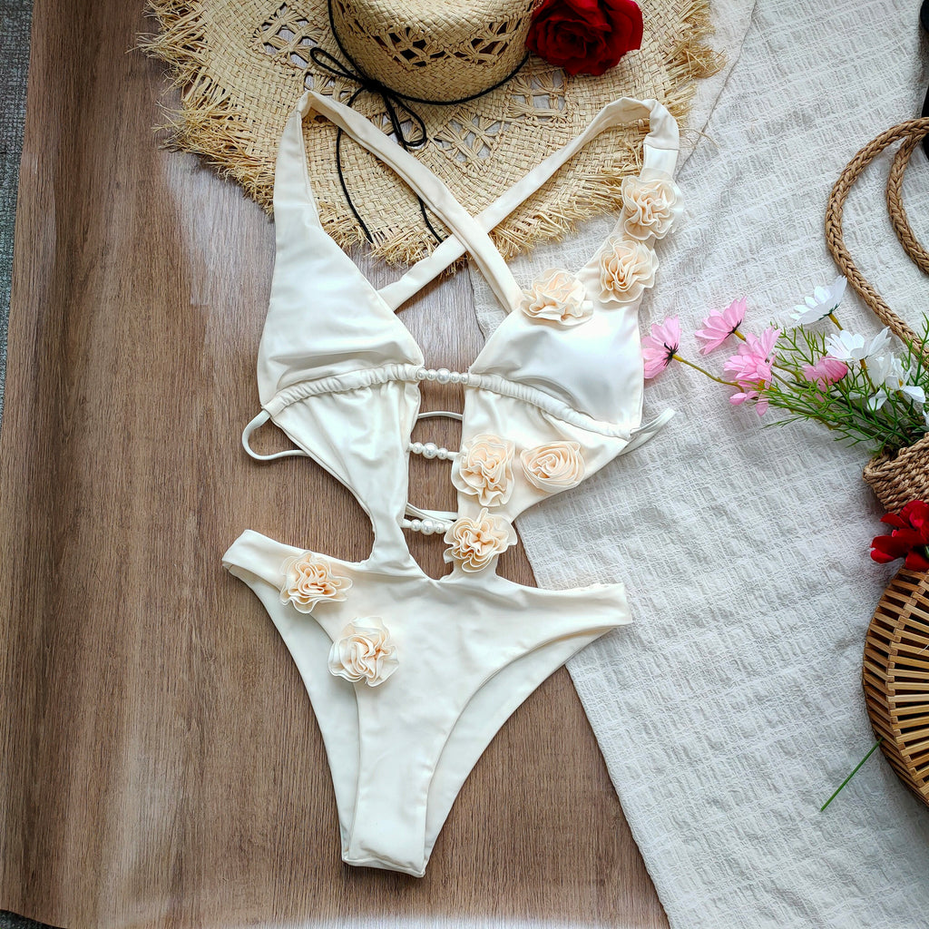 2026 New 3D Flowers One Piece Swimsuit Women Solid Sexy Hollow Out Swimwear Tropical Summer