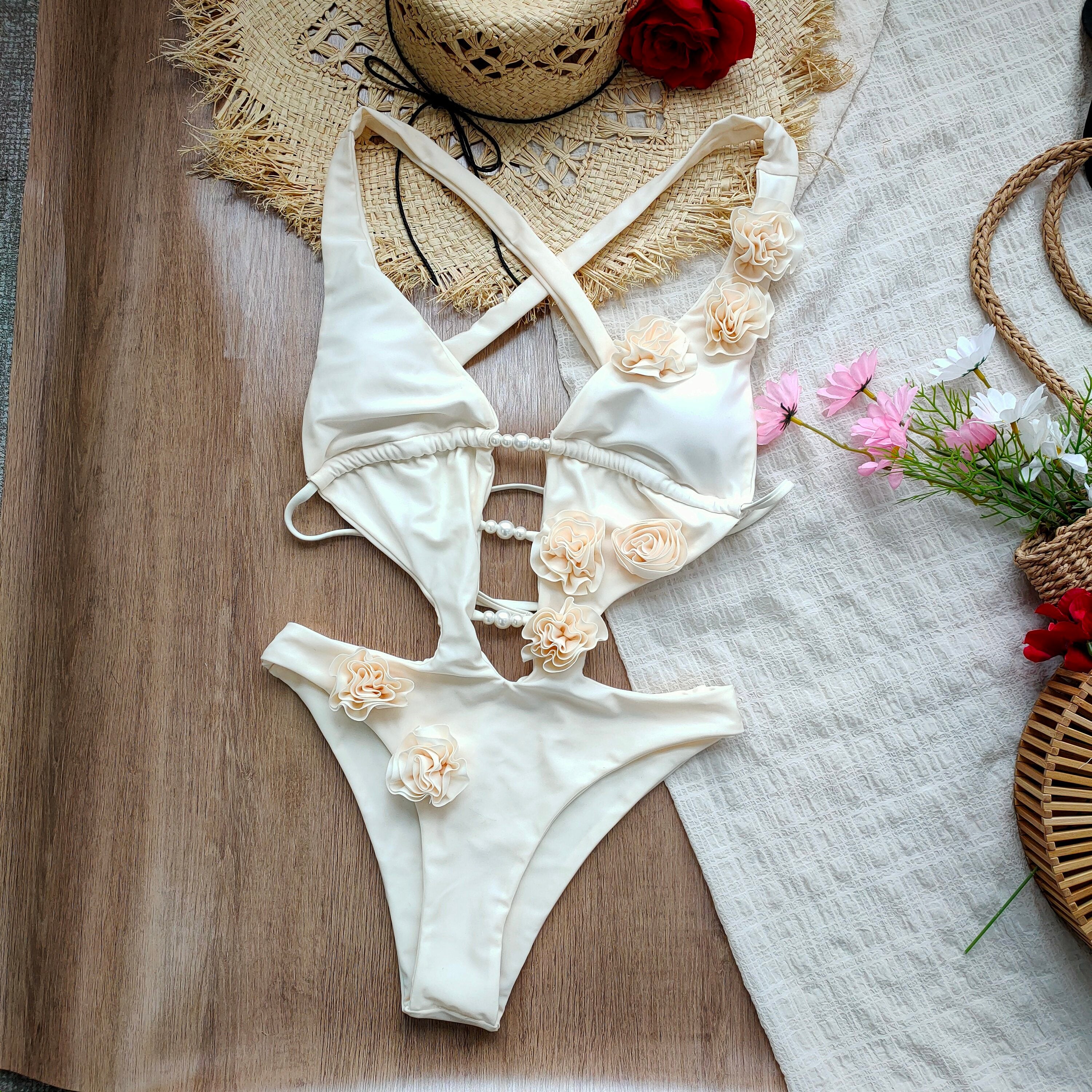 2026 New 3D Flowers One Piece Swimsuit Women Solid Sexy Hollow Out Swimwear Tropical Summer