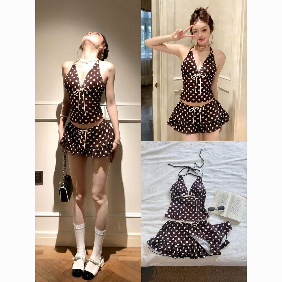 Kawaii Polka Dot Bikini Set Women Japanese Y2K Vintage Halter Neck Tops Mini Skirt Cute Casual