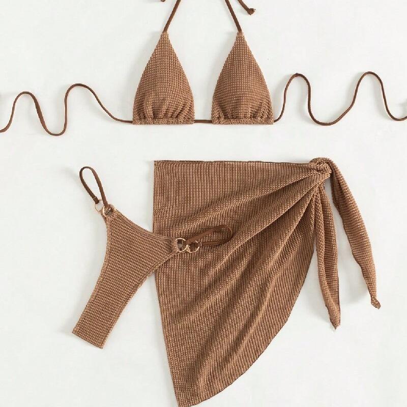 Sexy Brown Bikini Set 2026 Women Halter Push Up Bra Skirt 3 Piece Swimsuit Summer Bathing Suit Cover